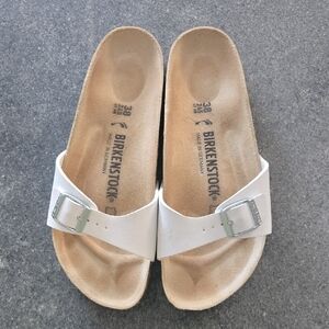 Birkenstock Madrid White Slides with Metallic Buckle Size 38